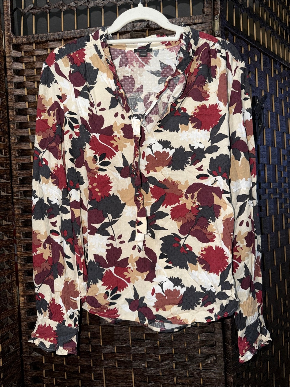 Ann Taylor Cream Burgundy Black Tan Floral Button-Front Blouse